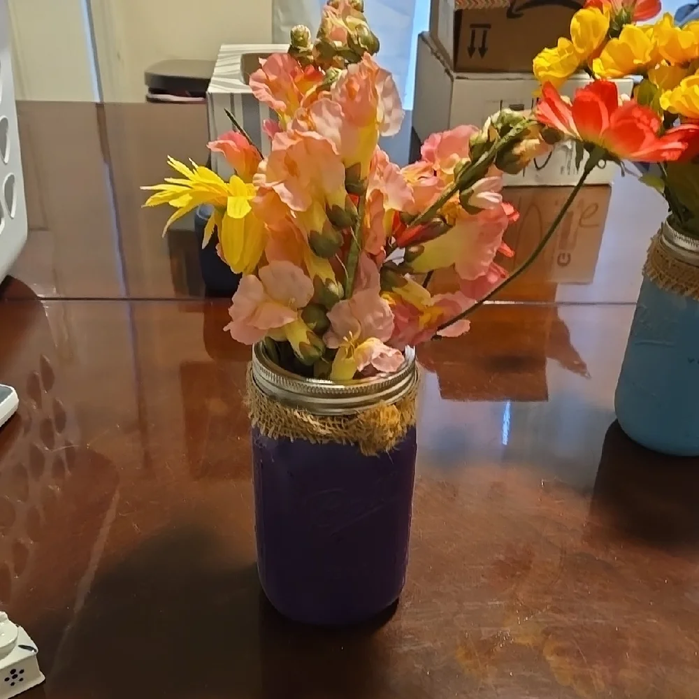 Purple Mason Jar with Colorful Artificial Flowers